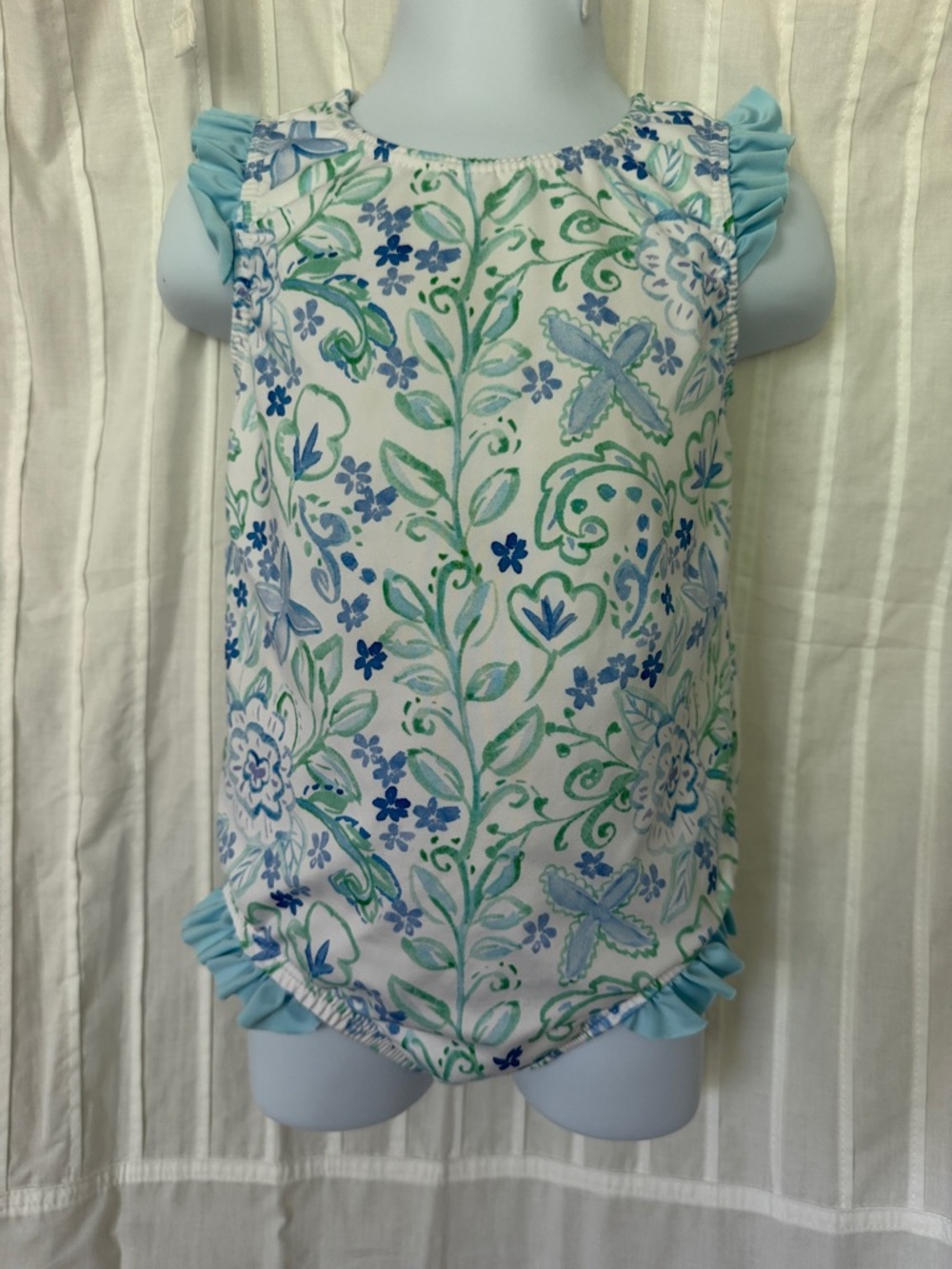 James & Lotti | Floral Ruffle Girl One-Piece Swimsuit - Blue & Green | Size 5